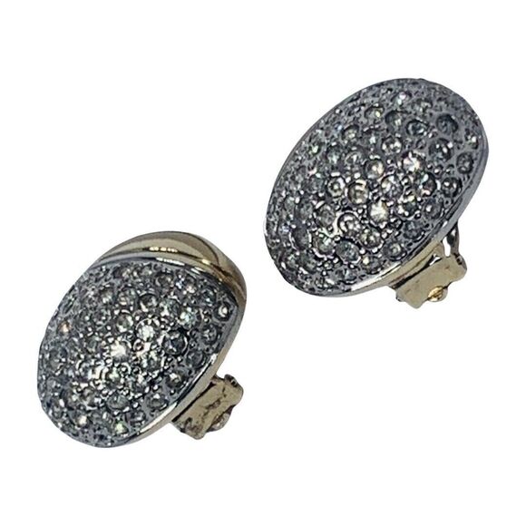 Piscitelli Crystal Dome Gold Button Earrings 1” Clip On Designer - Picture 4 of 12